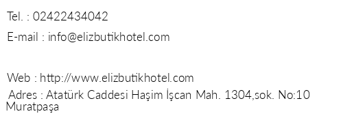 Eliz Butik Hotel telefon numaralar, faks, e-mail, posta adresi ve iletiim bilgileri